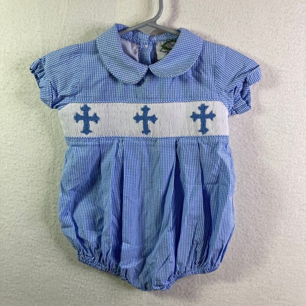 Cecil & Lou Cross Smocked Bubble Romper Baby 9m Blue Gingham Church Preppy